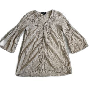 Gretty Zueger Cotton Tunic Top Womens Medium Lace Up Front Boho Embroidered Tan